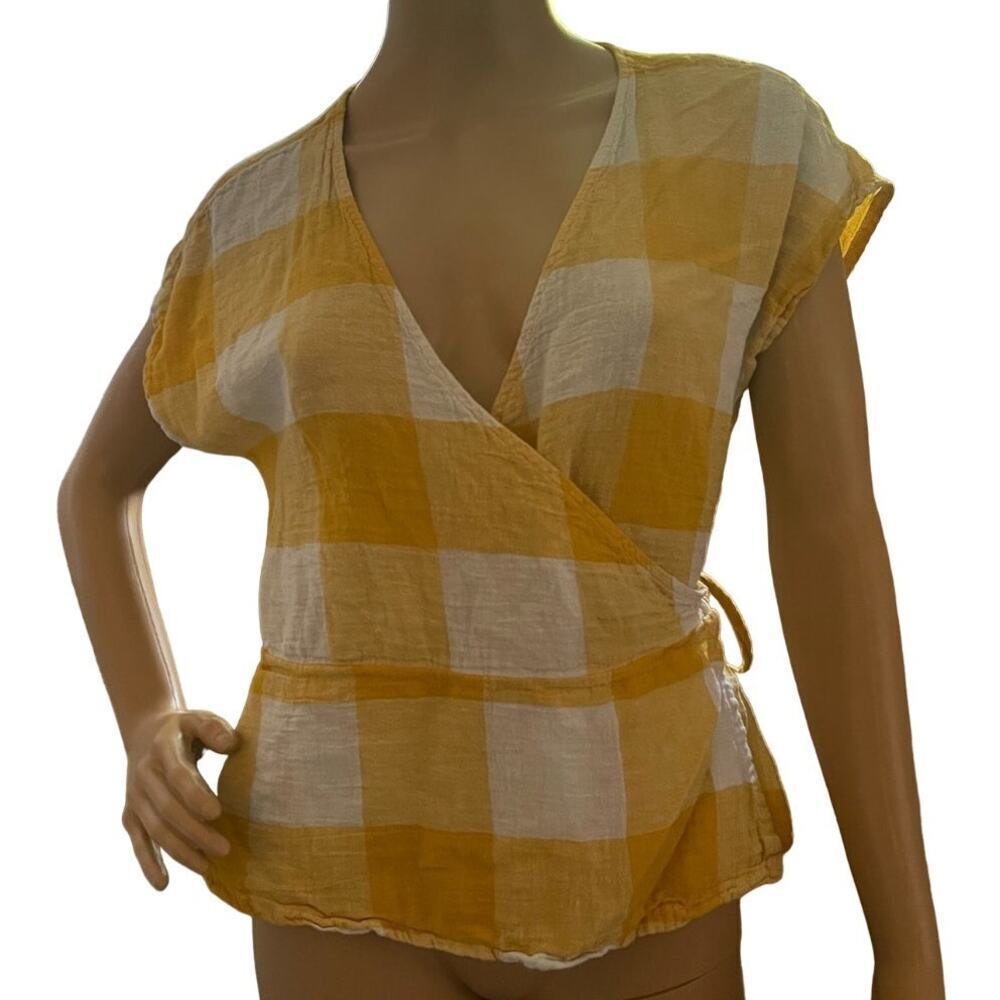 Old navy Womens Cotton Linen Wrap Blouse Size M Buffalo Checked Yellow & White